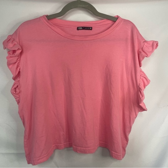Zara pink ruffled sleeve tshirt. Very cute and girly. Womens size Large. - Picture 1 of 3